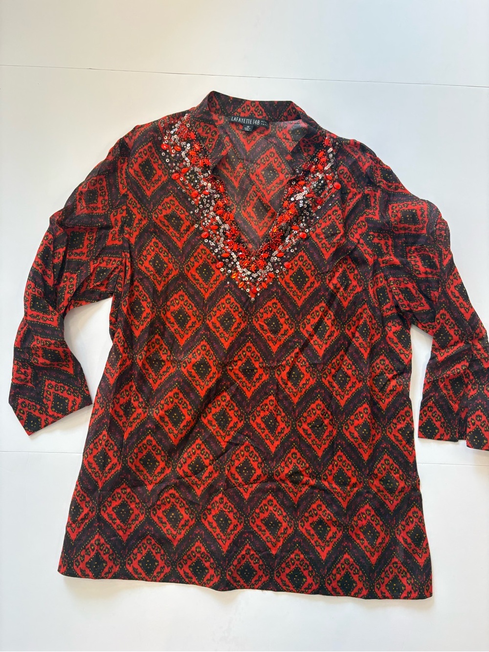 Lafayette 148 Red Beaded V-Neck Women's Tunic Top 14